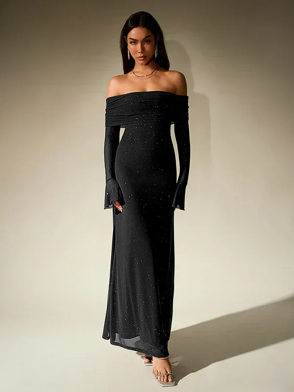 Robe de soirée Alina - Brune paillettes - Sans bretelles - Manches transparentes - Image 5