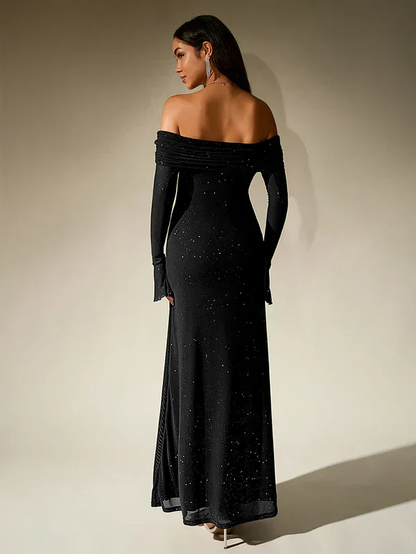 Robe de soirée Alina - Brune paillettes - Sans bretelles - Manches transparentes - Image 6