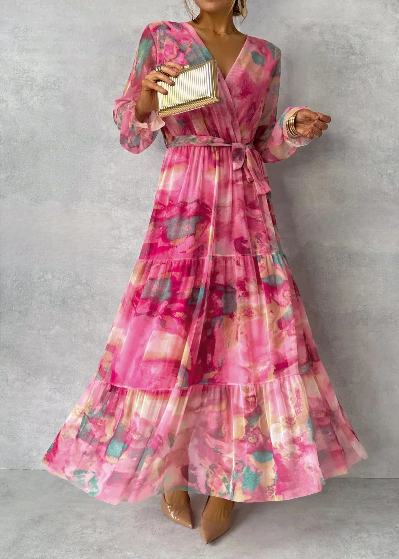 Robe de soirée longue motif floral - ceinture ajustable - Image 2