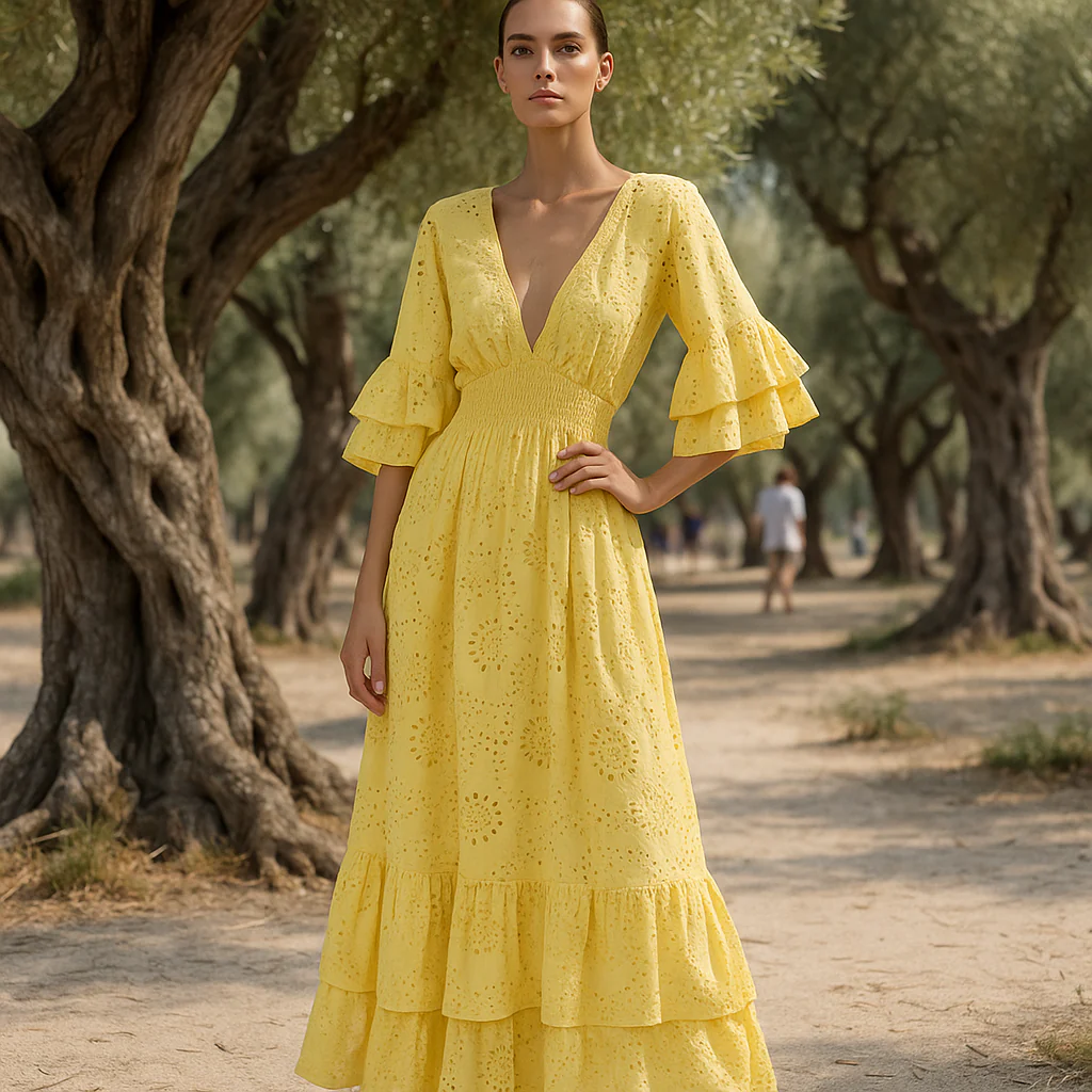 Robe de soirée maxi boho - broderie raffinée - manches volantes - Image 2