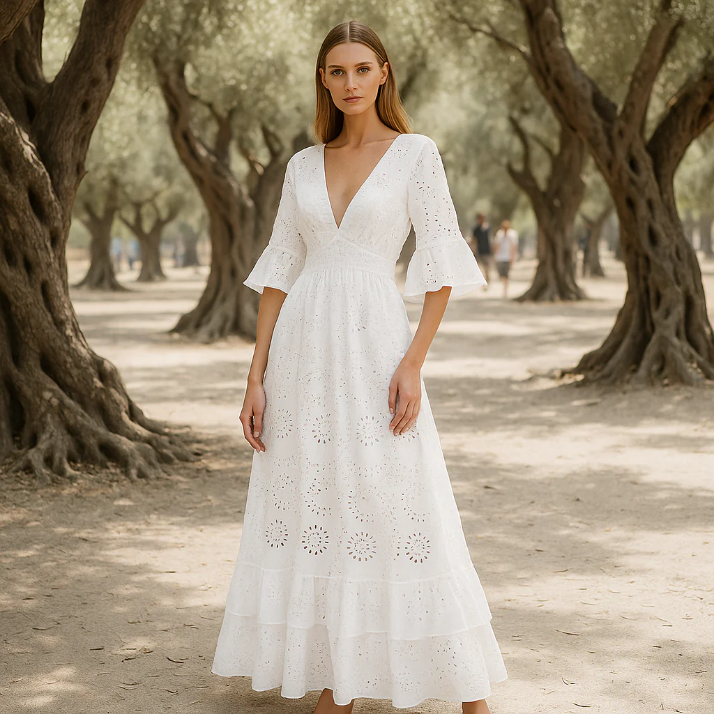 Robe de soirée maxi boho - broderie raffinée - manches volantes - Image 3
