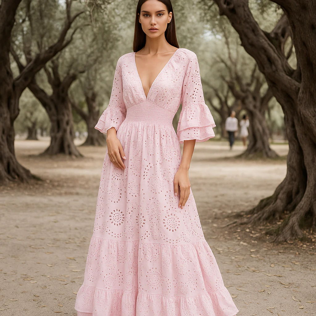 Robe de soirée maxi boho - broderie raffinée - manches volantes - Image 5