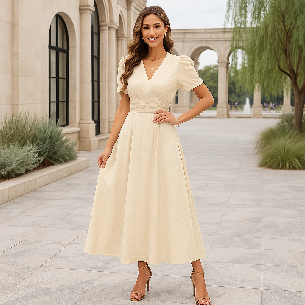 Robe de soirée maxi - décolleté en V - manches bouffantes - Image 3