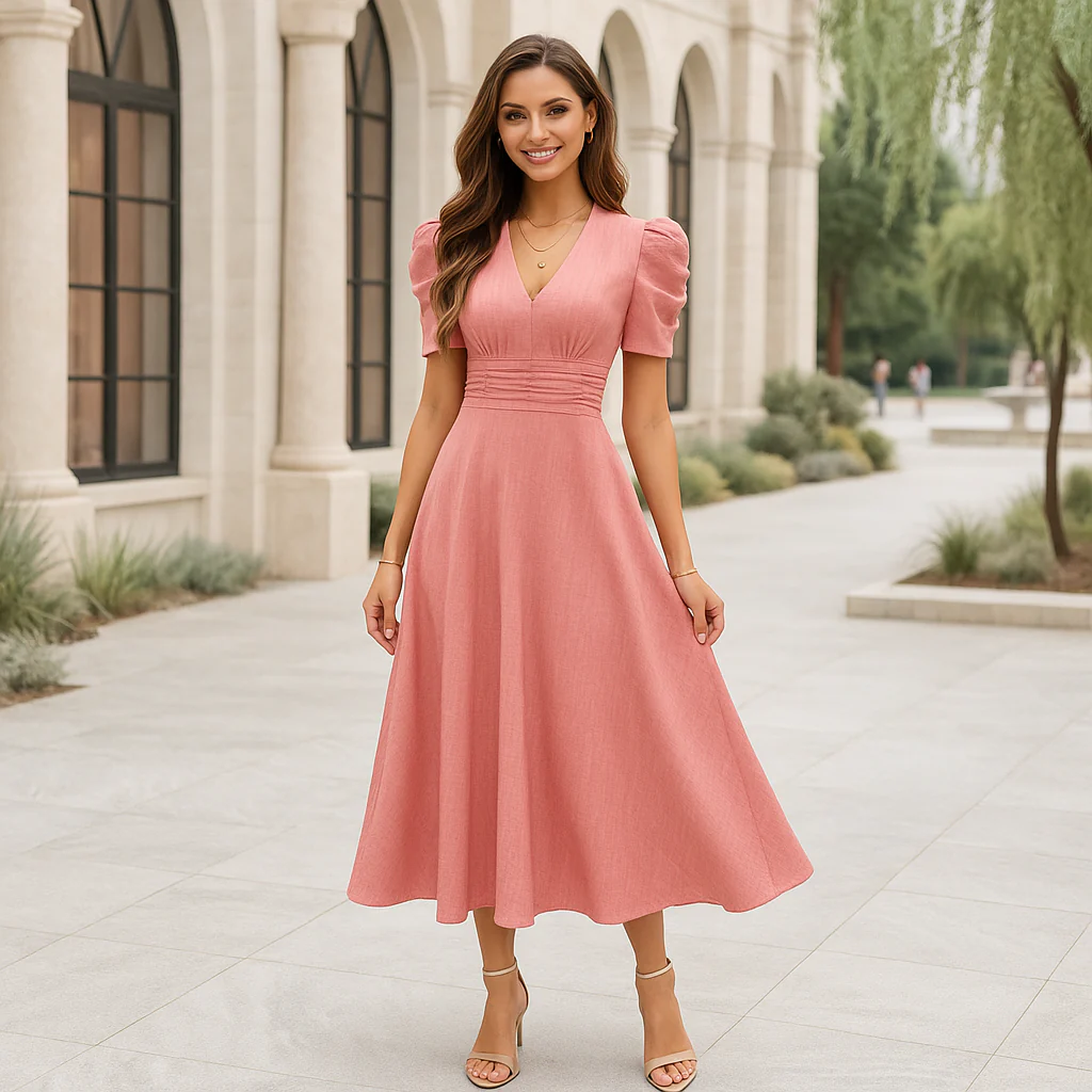 Robe de soirée maxi - décolleté en V - manches bouffantes - Image 4