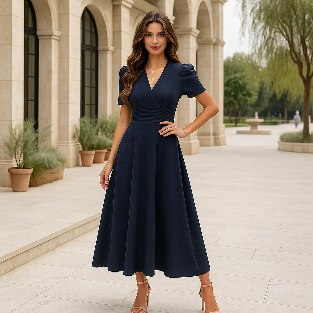 Robe de soirée maxi - décolleté en V - manches bouffantes - Image 6