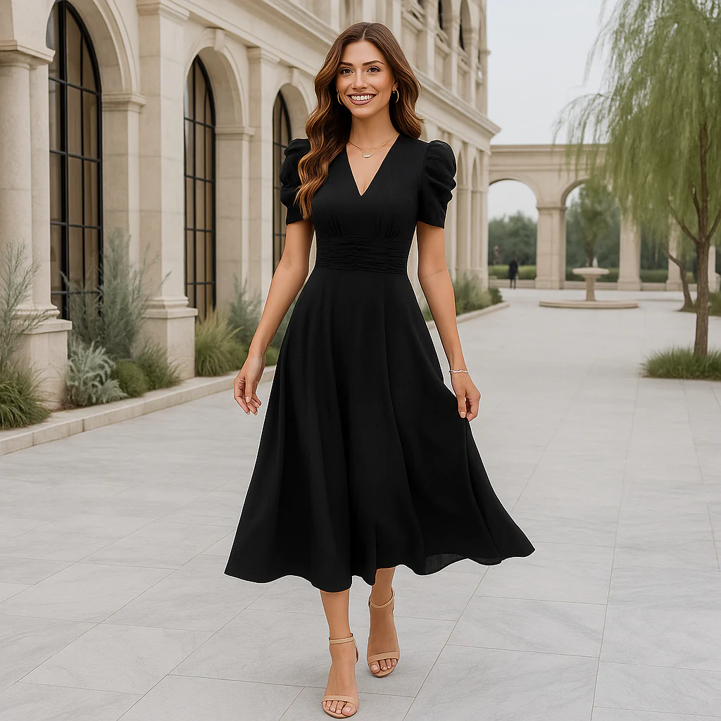 Robe de soirée maxi - décolleté en V - manches bouffantes - Image 8