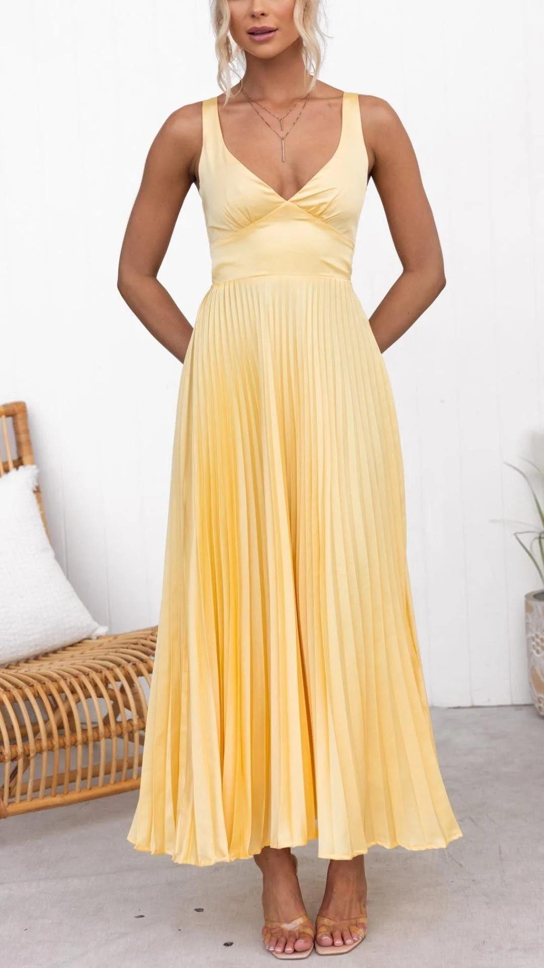 Robe de soirée maxi - ligne A plissée - décolleté V - élégante - Image 3
