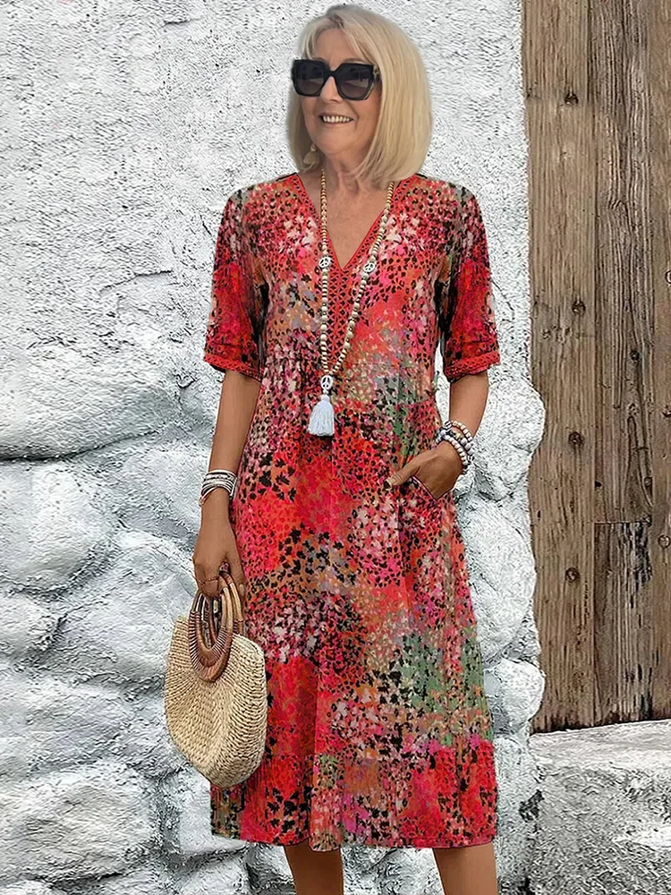 Robe de Soirée Midi - Décolleté en V - Motif Floral - Image 4