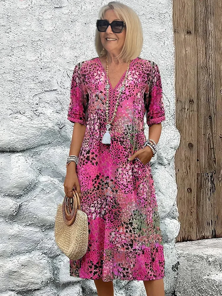 Robe de Soirée Midi - Décolleté en V - Motif Floral - Image 6