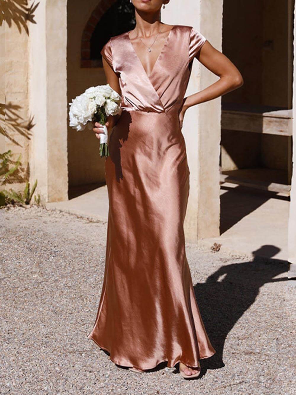 Robe de soirée satinée style sirène - décolleté en V - longue - Image 7