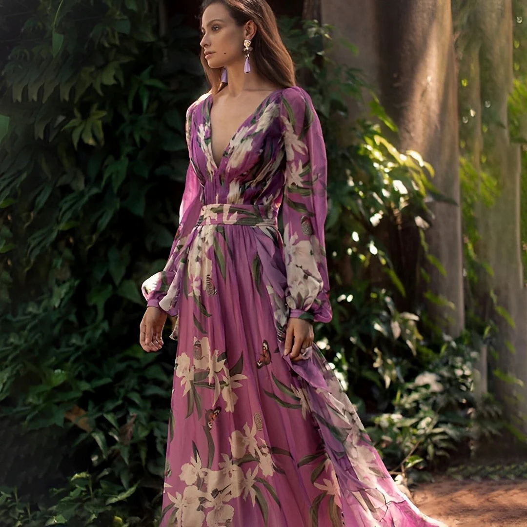 Robe maxi en chiffon - motif floral - décolleté en V - Image 2