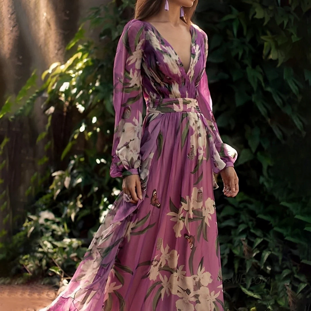 Robe maxi en chiffon - motif floral - décolleté en V - Image 3