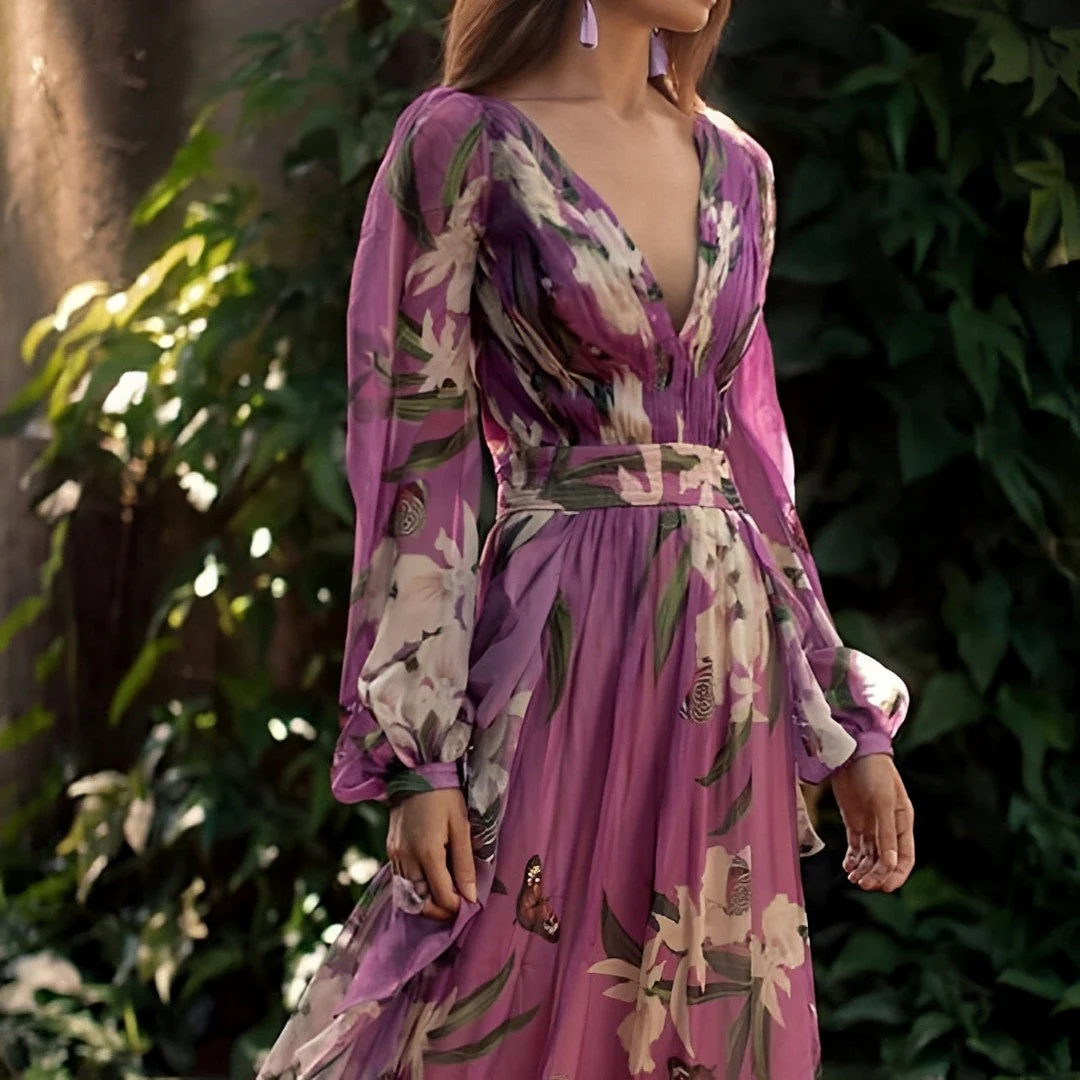 Robe maxi en chiffon - motif floral - décolleté en V - Image 4