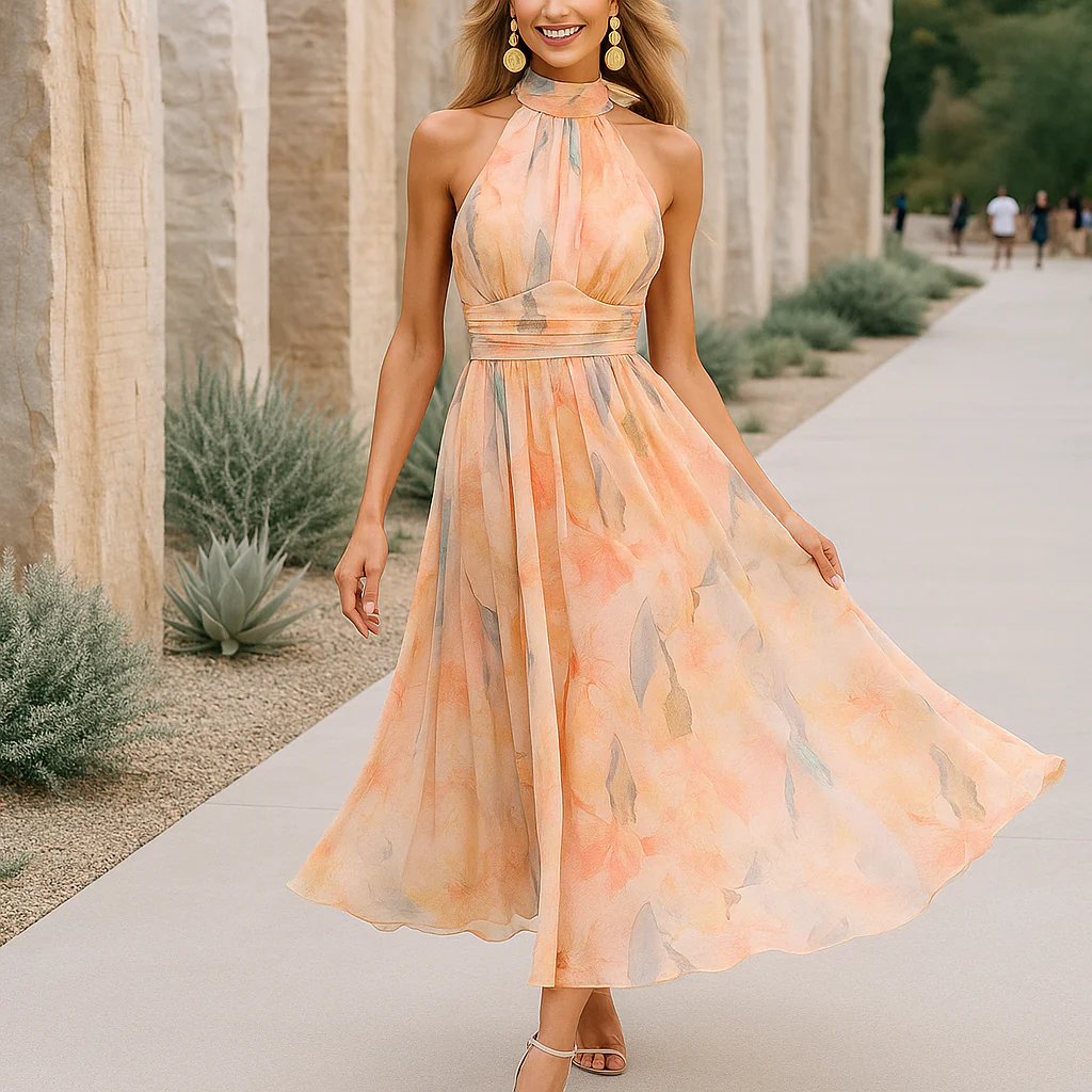 Robe maxi halter - taille cintrée - bas fluide