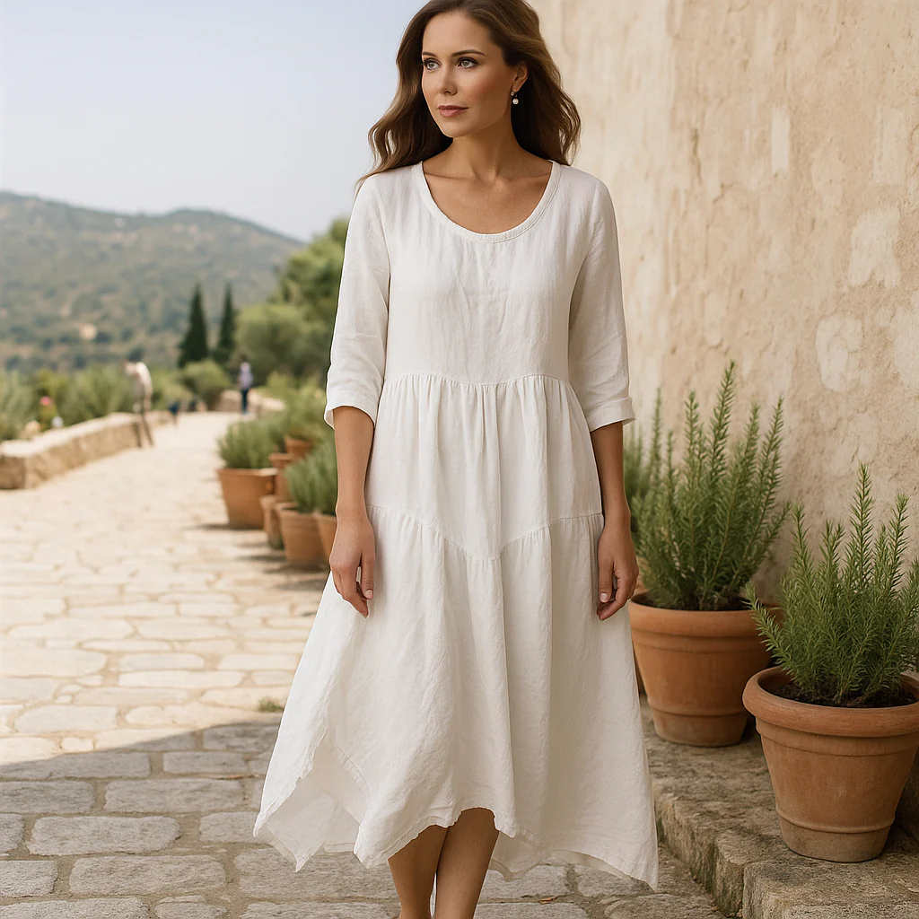 Robe midi élégante - Manches trois-quarts - Femme - Stylée - Coupe fluide - Image 3
