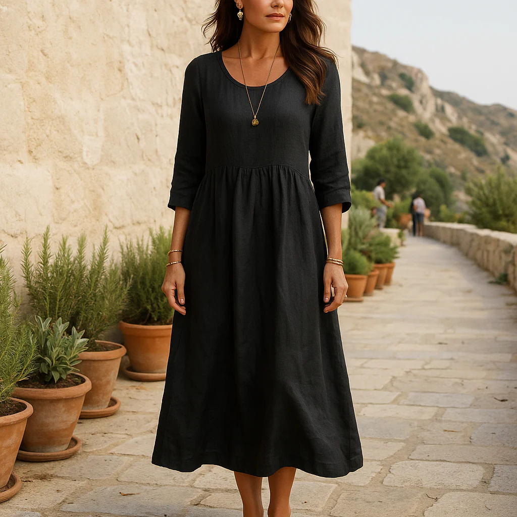 Robe midi élégante - Manches trois-quarts - Femme - Stylée - Coupe fluide - Image 5