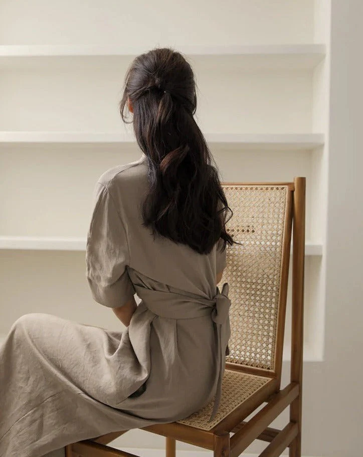 Robe midi lin kaki - Soirée - Minimaliste - Chic - Élégante - Image 10