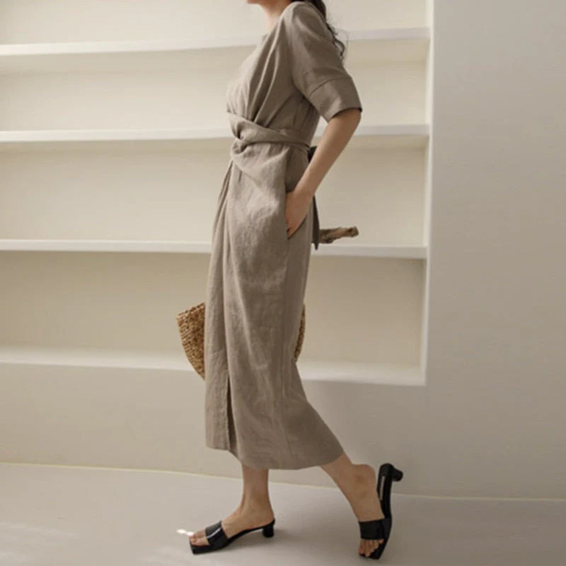 Robe midi lin kaki - Soirée - Minimaliste - Chic - Élégante - Image 7