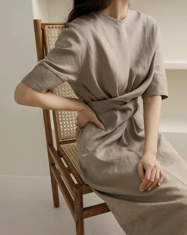 Robe midi lin kaki - Soirée - Minimaliste - Chic - Élégante - Image 9