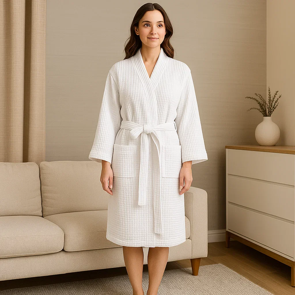 SereneLuxe – Peignoir en Coton à Texture Waffle avec Décolleté Élégant en V - Image 2
