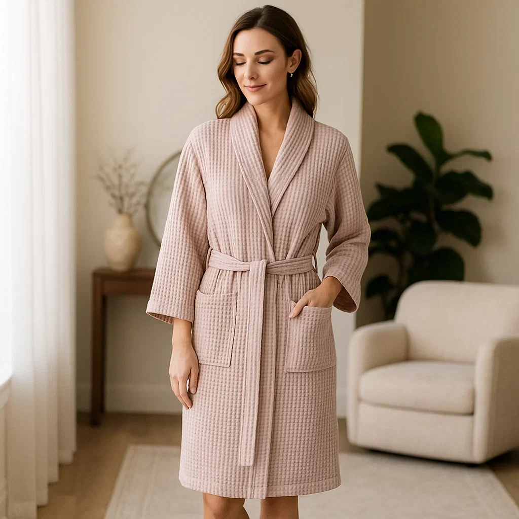 SereneLuxe – Peignoir en Coton à Texture Waffle avec Décolleté Élégant en V - Image 4