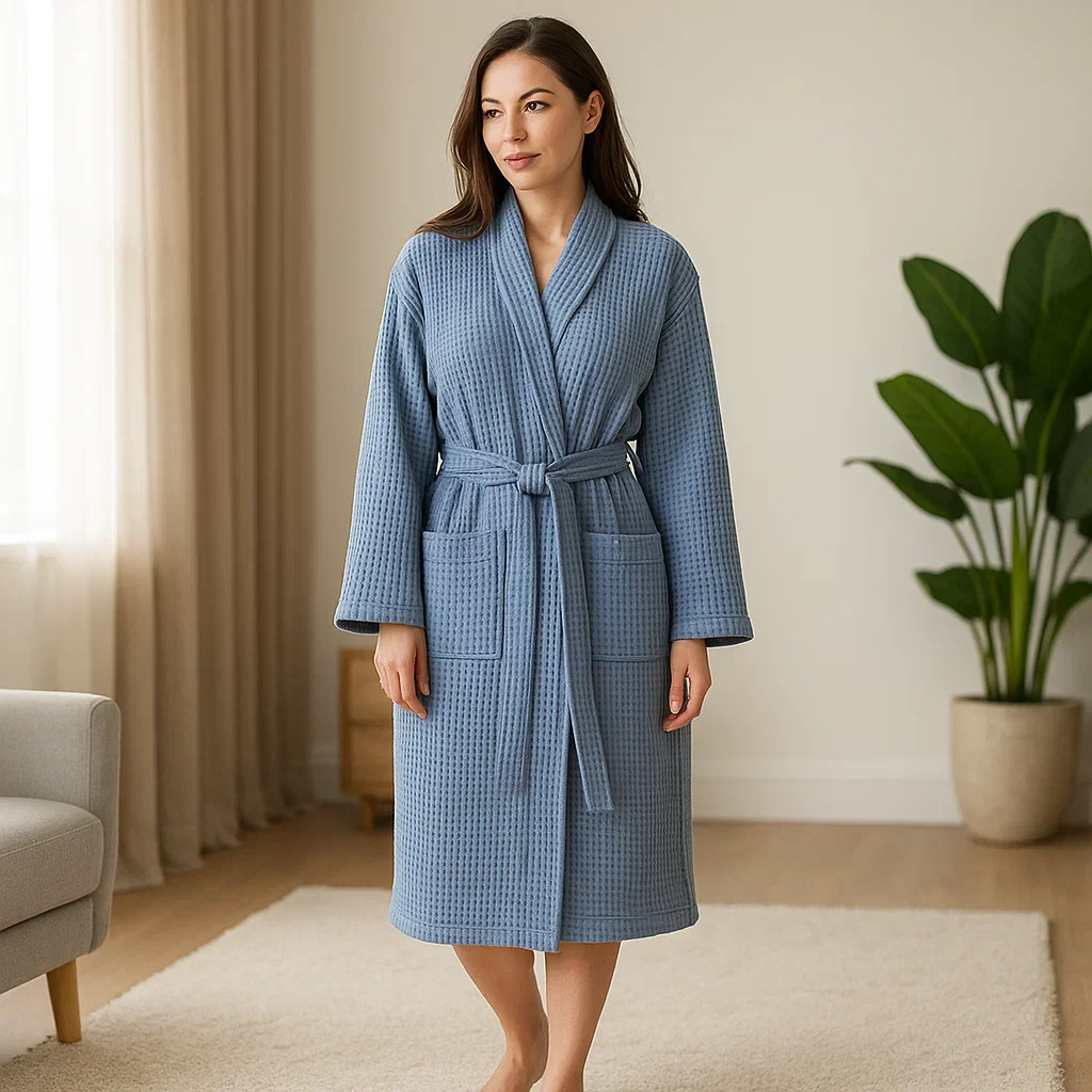 SereneLuxe – Peignoir en Coton à Texture Waffle avec Décolleté Élégant en V - Image 5