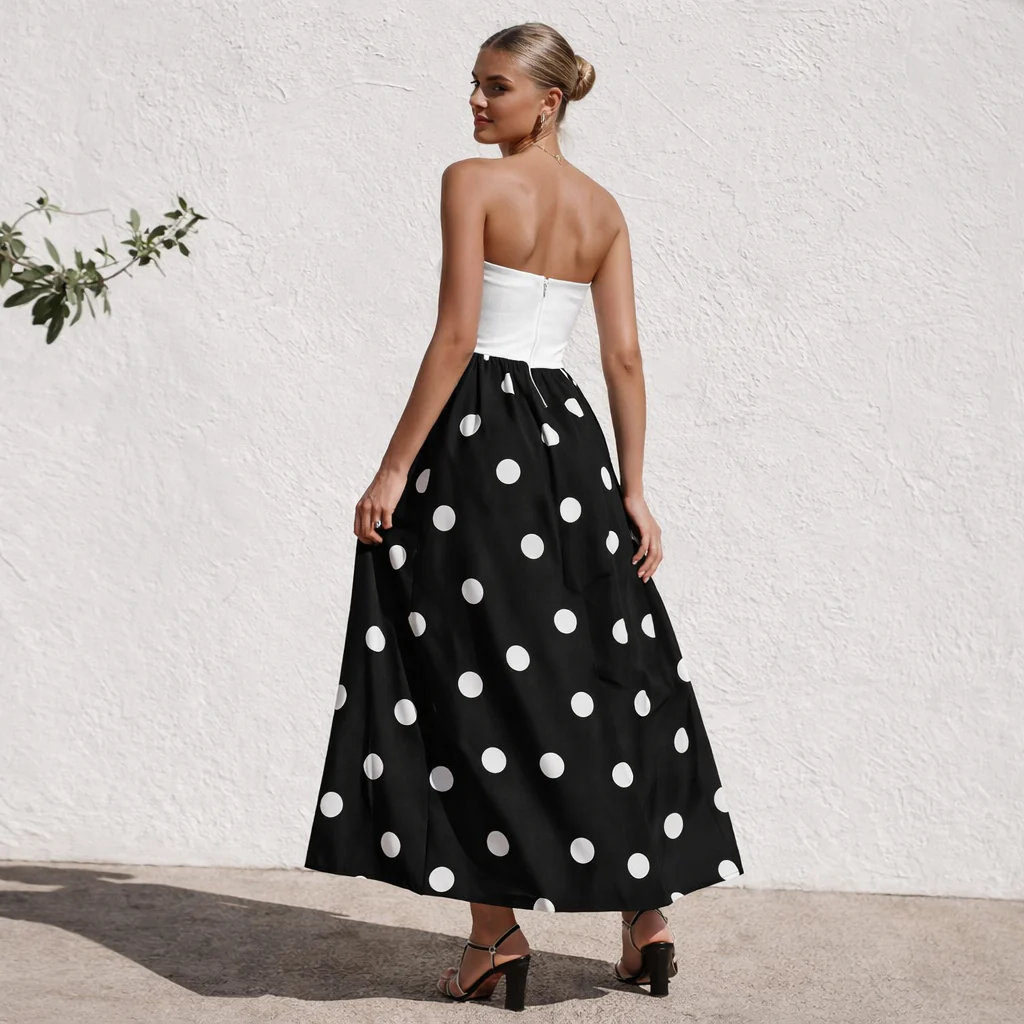 Robe sans bretelles | Robe trapèze pour femme, pois | Style élégant d'été - Image 2