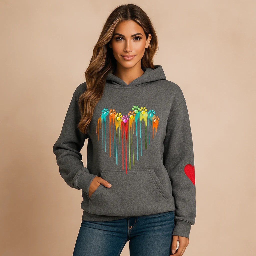 Sweat à Capuche Femme - Coupe Décontractée - Imprimé Cœur - Manches Longues - Image 3