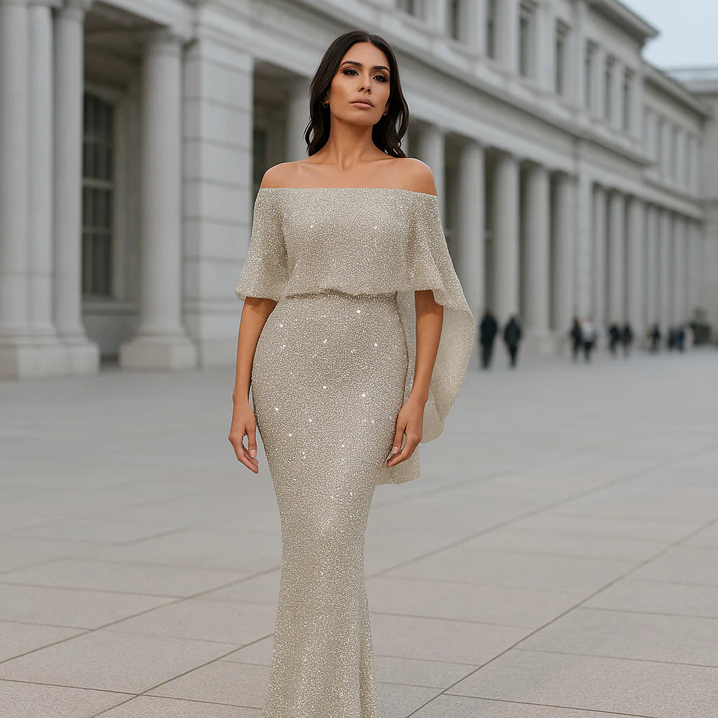 Verona - Robe de Soirée Maxi Élégante - Épaules Nues - Détails Brillants - Image 8