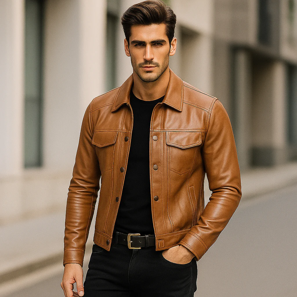 Veste de Biker Homme en Cuir Élégant