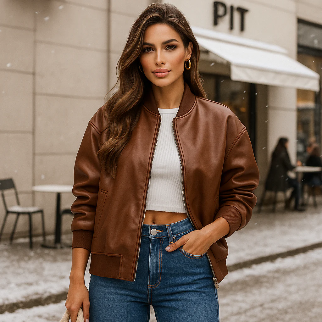 Veste en Cuir Oversize pour Femmes - Fermeture Éclair - Image 3