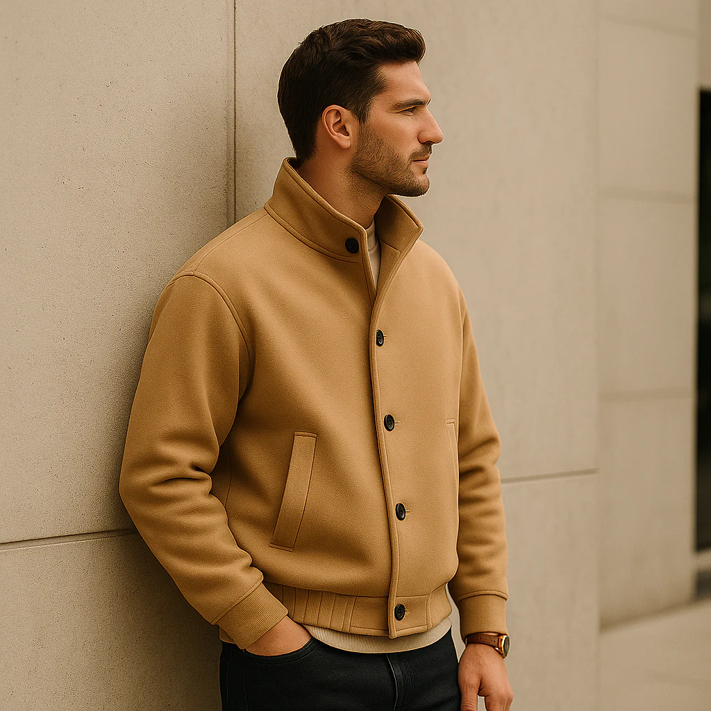 Veste homme ample - Tissu doux structuré - Col haut - Boutons - Image 2