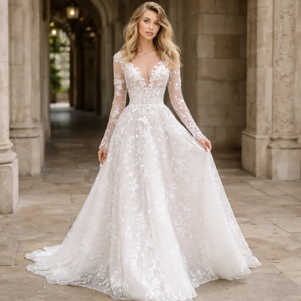 Robe de Mariée | Dentelle Semi-Ajustée | Blanc Élégant