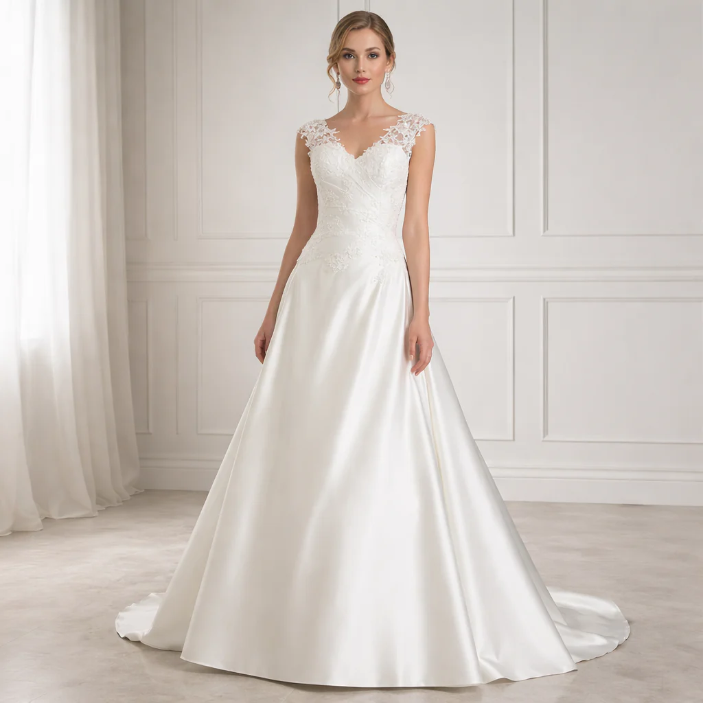 Robe de Mariée | Dentelle Semi-Ajustée | Blanc Élégant - Image 2
