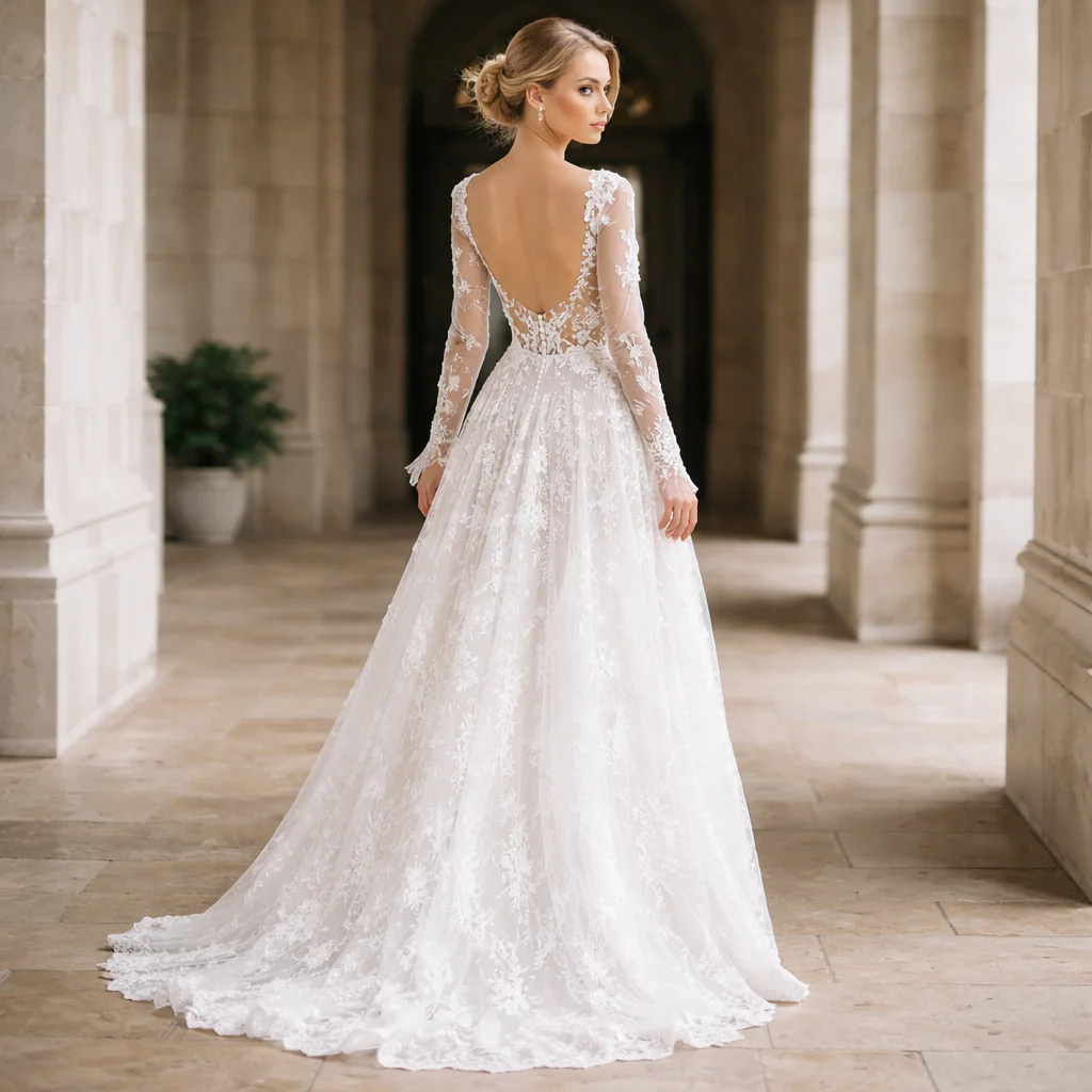 Robe de Mariée | Dentelle Semi-Ajustée | Blanc Élégant - Image 3