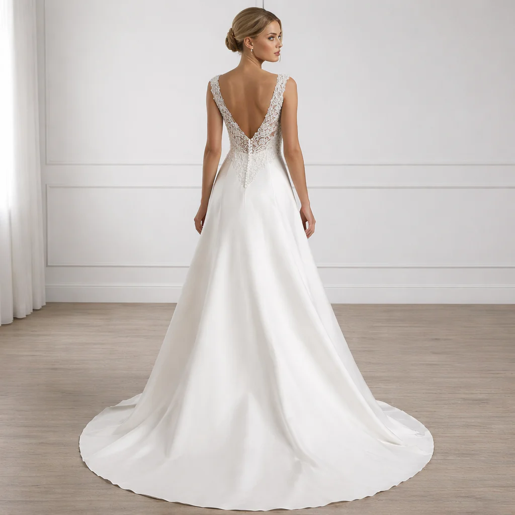 Robe de Mariée | Dentelle Semi-Ajustée | Blanc Élégant - Image 4