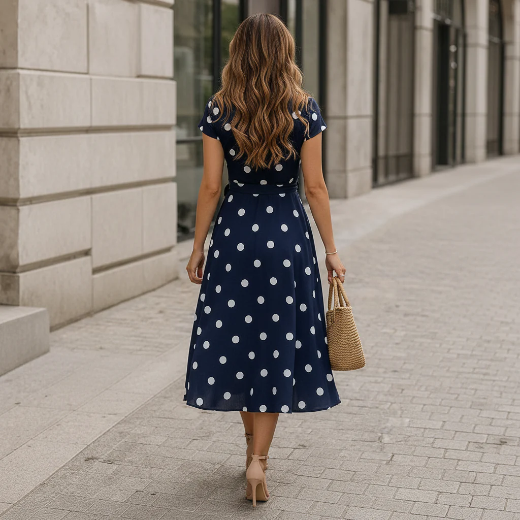 Robe Midi Femme | Pois, Lien Taille | Style Fluide Décontracté - Image 2