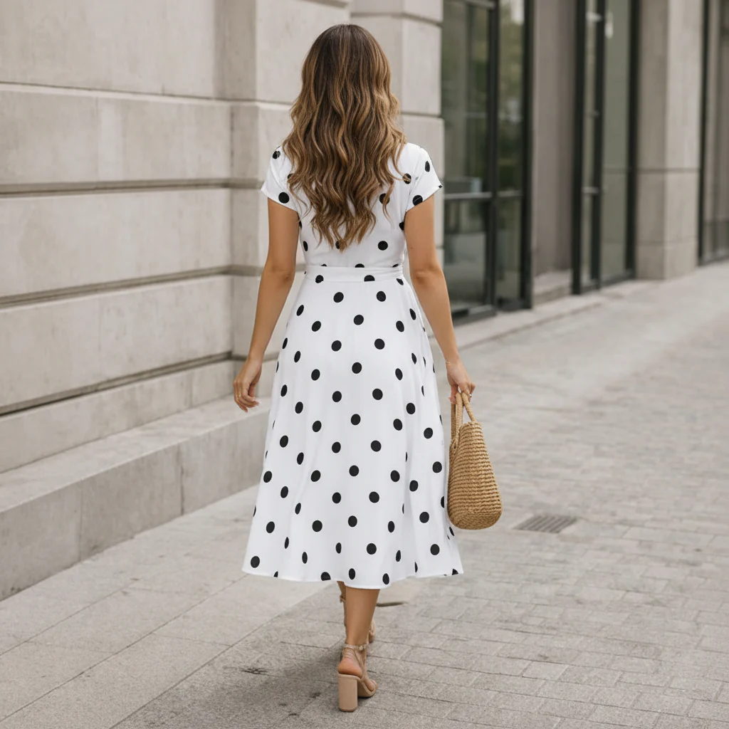Robe Midi Femme | Pois, Lien Taille | Style Fluide Décontracté - Image 4