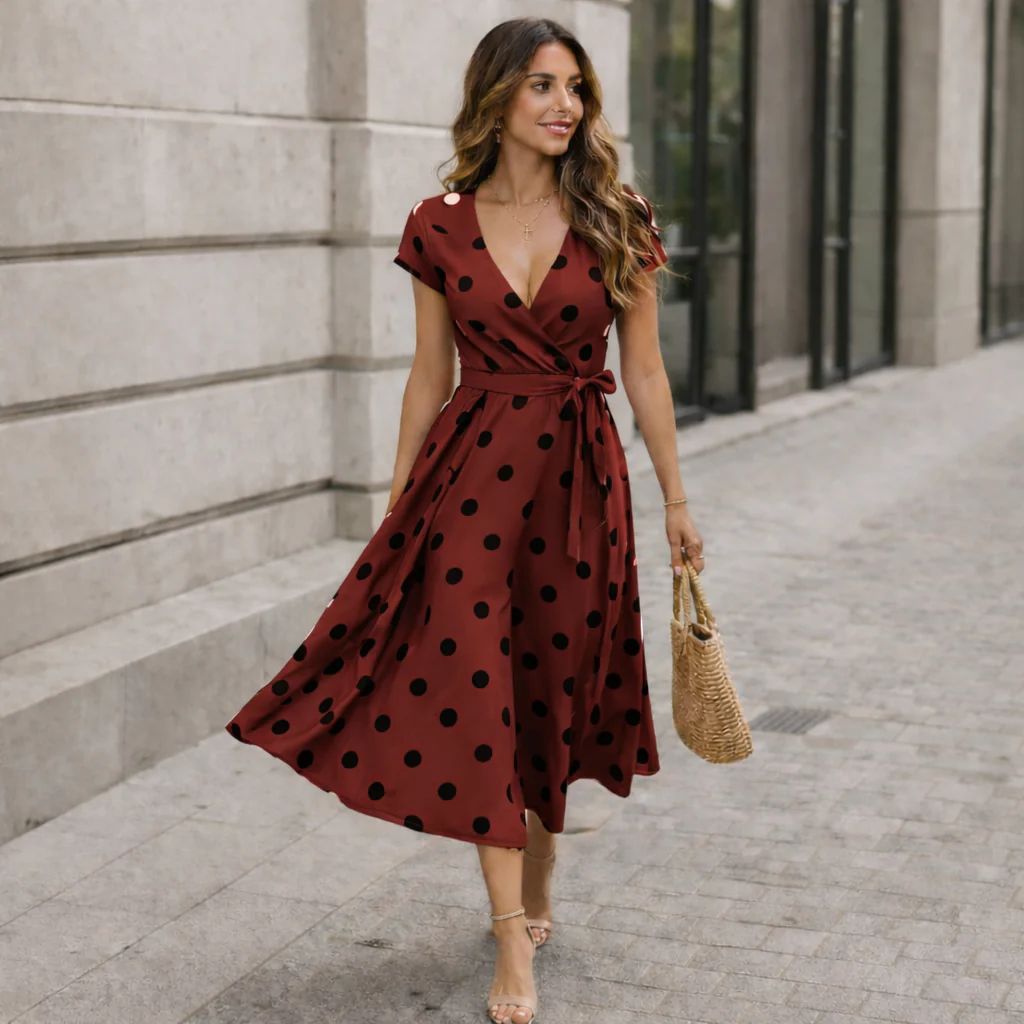 Robe Midi Femme | Pois, Lien Taille | Style Fluide Décontracté - Image 5
