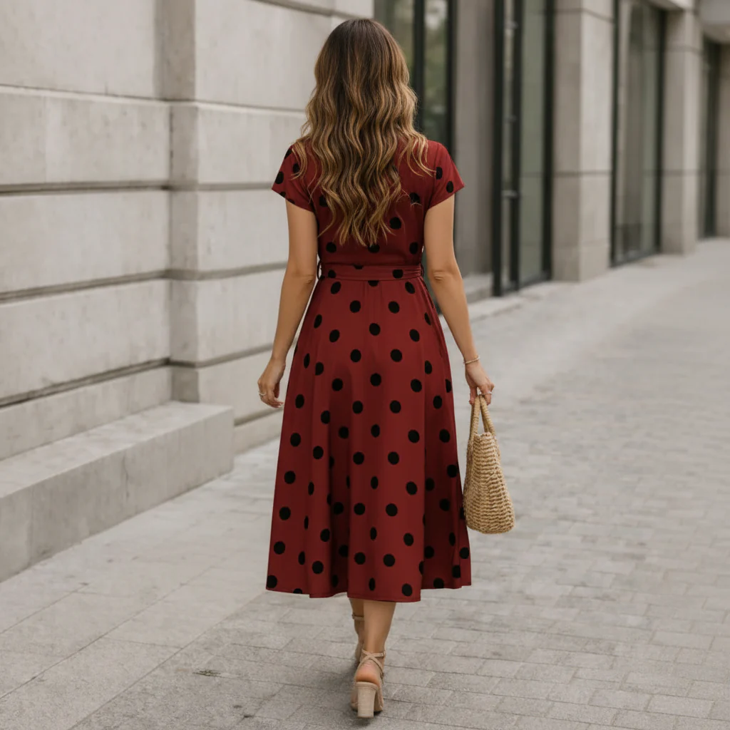 Robe Midi Femme | Pois, Lien Taille | Style Fluide Décontracté - Image 6
