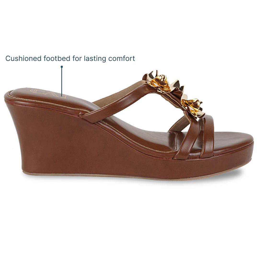 Sandales compensées femme | Tan, lanière fleur or | Confort été - Image 4