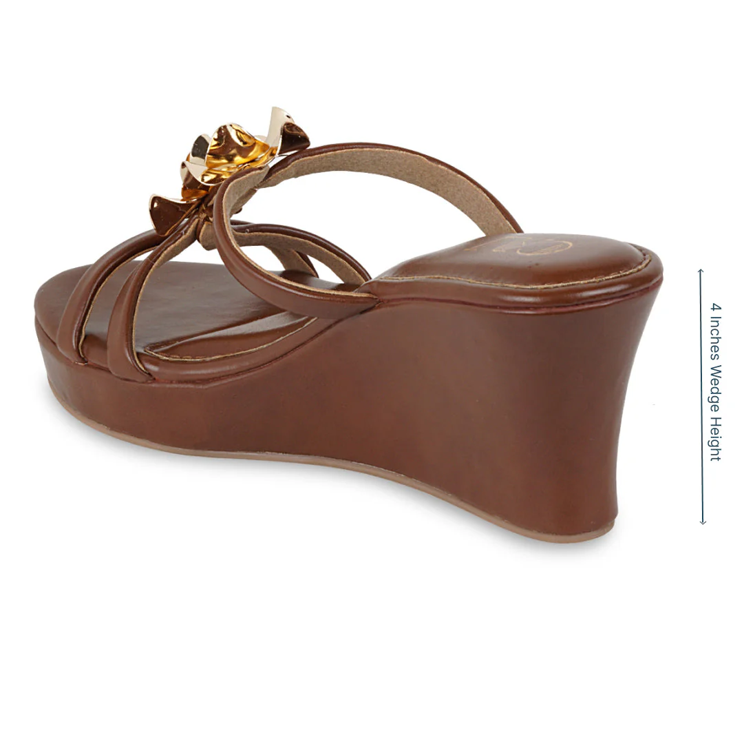 Sandales compensées femme | Tan, lanière fleur or | Confort été - Image 6