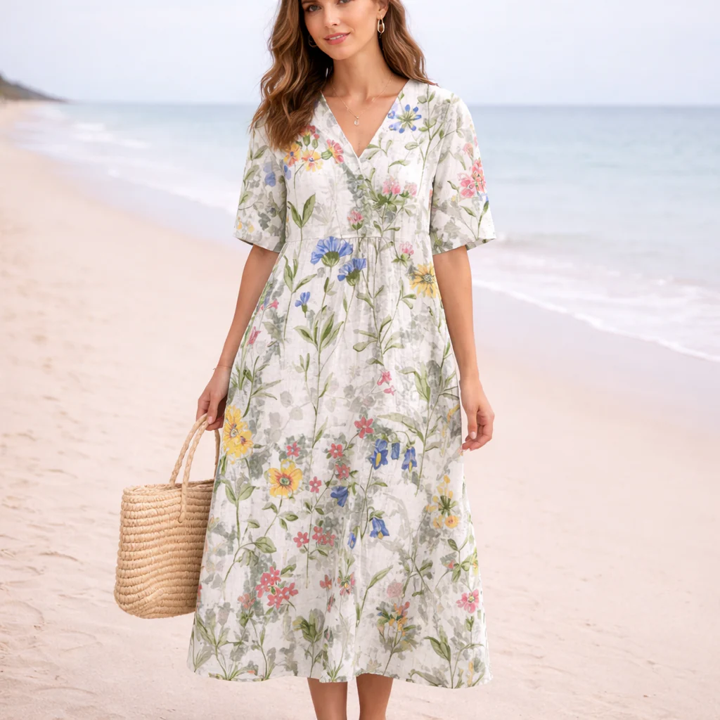 Robe Midi Fleurie Femme | Encolure V | Style Plage Décontracté - Image 2