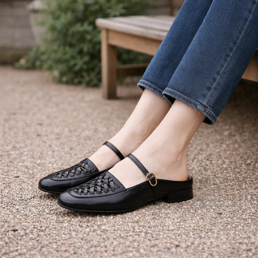 Mules Mary Jane pour femmes | Cuir tressé bout carré | Marron, Noir - Image 2