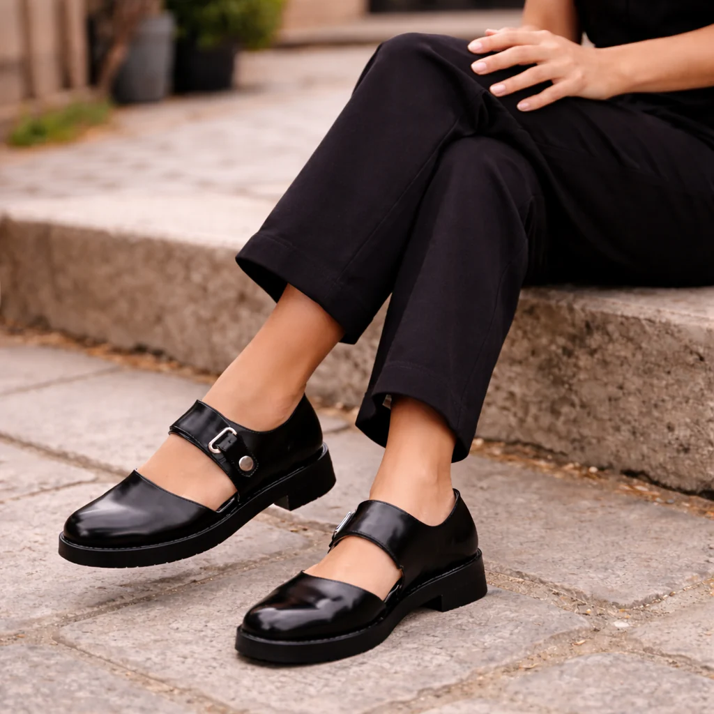 Chaussures Mary Jane pour femmes | Cuir noir, sangle boucle | Ballerines confortables plates - Image 2