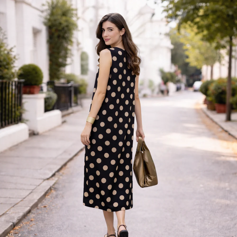 Robe Maxi à Pois pour Femme | Contrôle du Ventre, Fluide | Noir - Image 3
