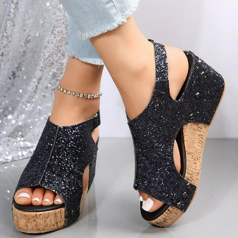 Sandales pour femmes | Bout ouvert, patchwork paillettes | Confort casual