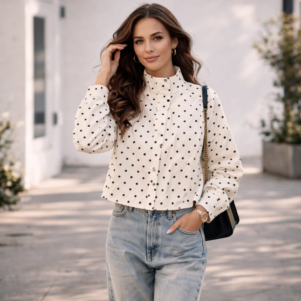 Veste Courte Femme | Design Pois Moderne, Col Haut - Image 3