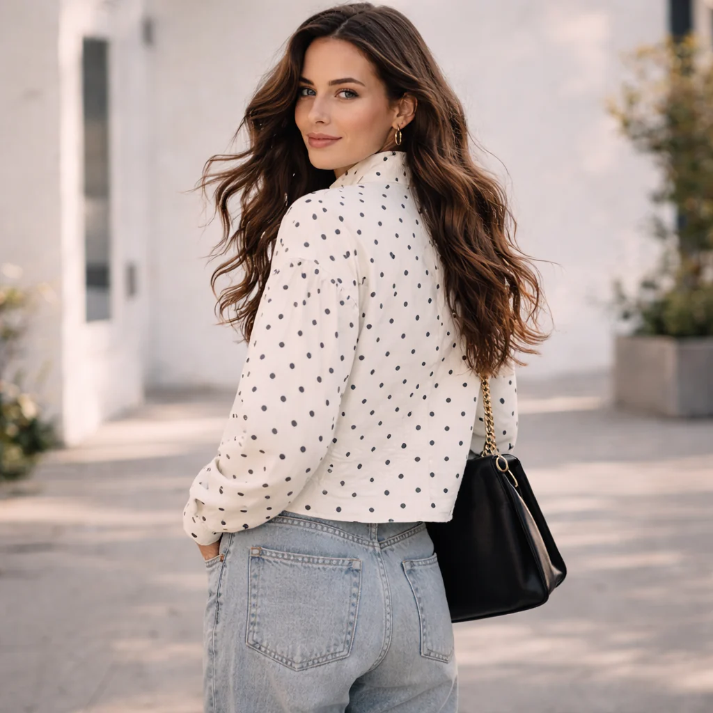Veste Courte Femme | Design Pois Moderne, Col Haut - Image 4